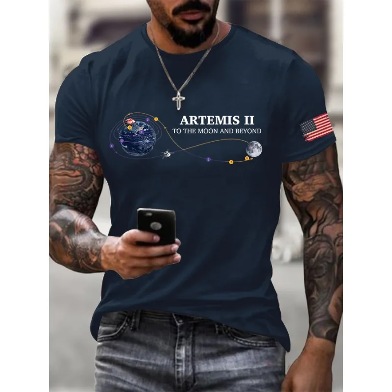 Men's Artemis II To The Moon And Beyond Print T-Shirts Summer Short Sleeve Casual Tops Round Neck Tees