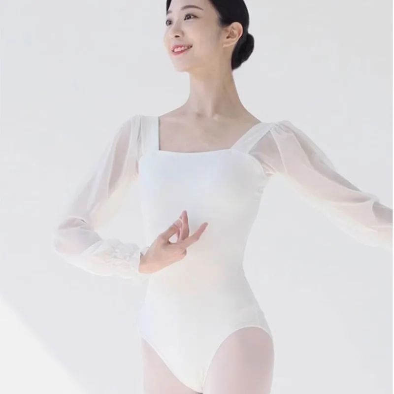 Feminino Mangas Compridas Ballet Bodysuits, Ginástica Prática Vestuário, Adulto Collant Gaze, Trajes de Dança