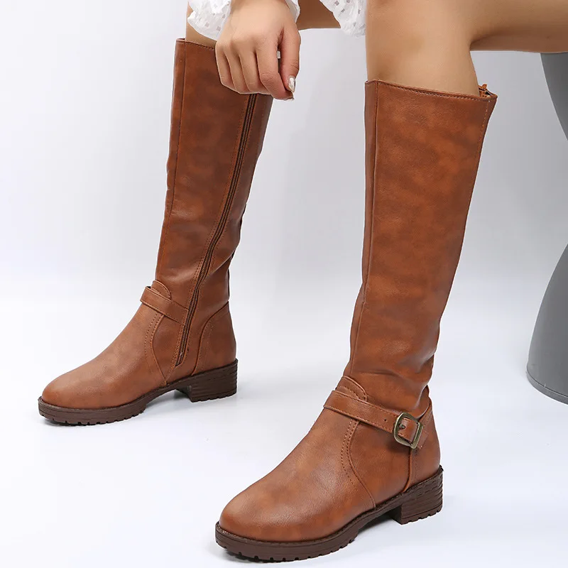 Women Straight Boots Vintage Leather Long Knight Boot Square Heel Knee High Boot Buckle Zipper British Style Winter Female Shoes