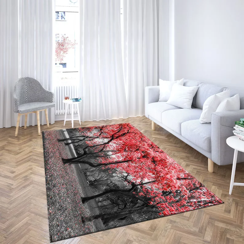 Trees with Red Flowers Rugs Red Rugs Nature Scenery Rug View Rugs Nature Life Rug, Home Decor Rug Red Leaves Rug 2D Printed Rug