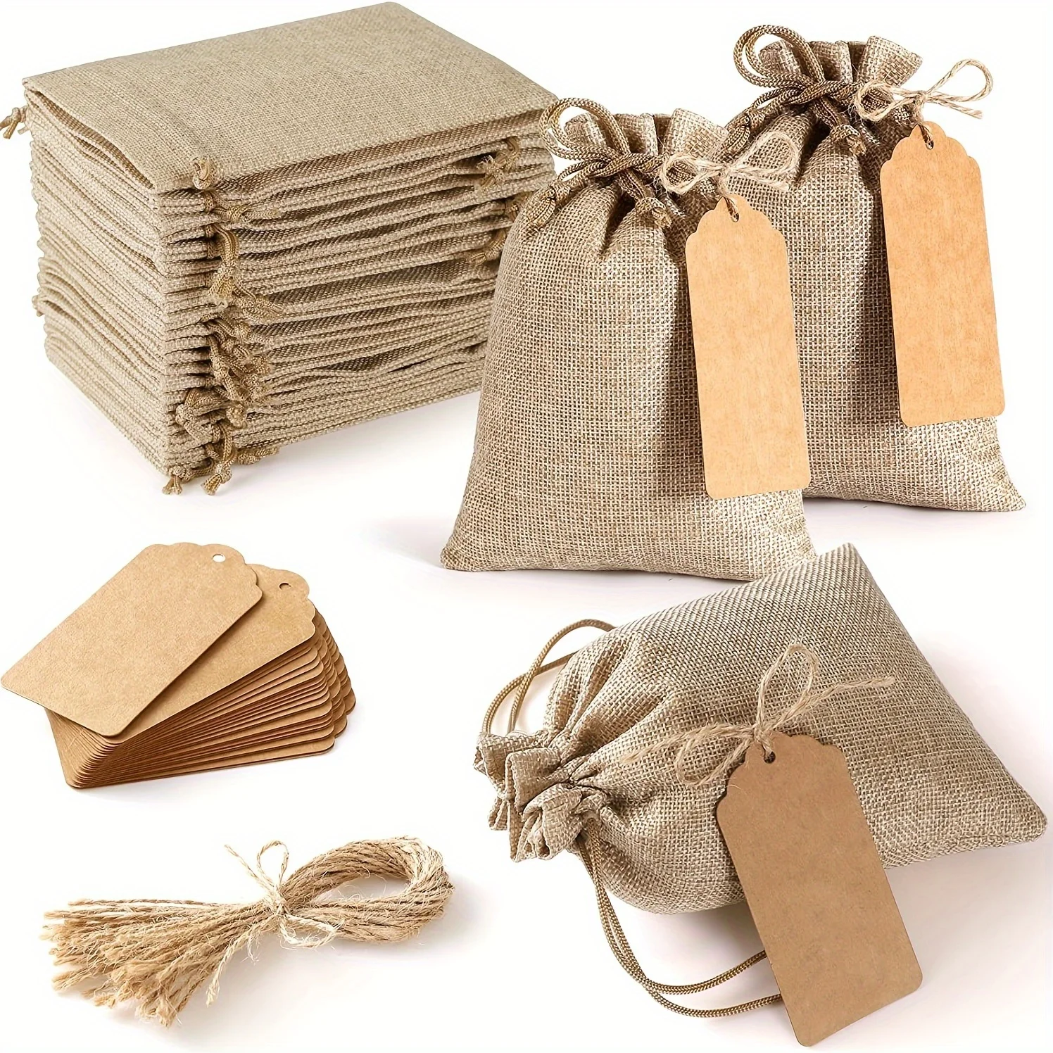 30pcs/10Set, Premium Burlap Gift Bags With Drawstring And Gift Tags String, 4x6 Inch Reusable Gift Bags, Burlap Bags, Linen Sac