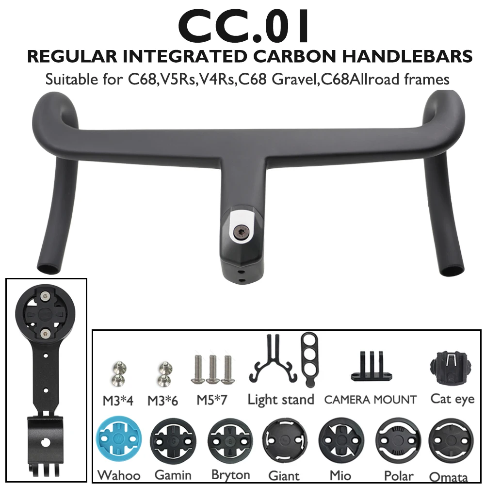 

CC01 Carbon Fiber Integrated Handlebar 370-430mm W1 390-450mm W2 80-120mm Stem 122mm Drop80mm Reach Road Bike Cockpit Component