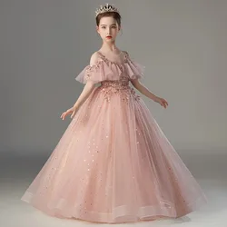 Flower Girl Wedding Banquet Long Dress For Kids Elegant Puffy Appliques Lace Birthday Party Dresses Pageant Gown Formal Vestidos