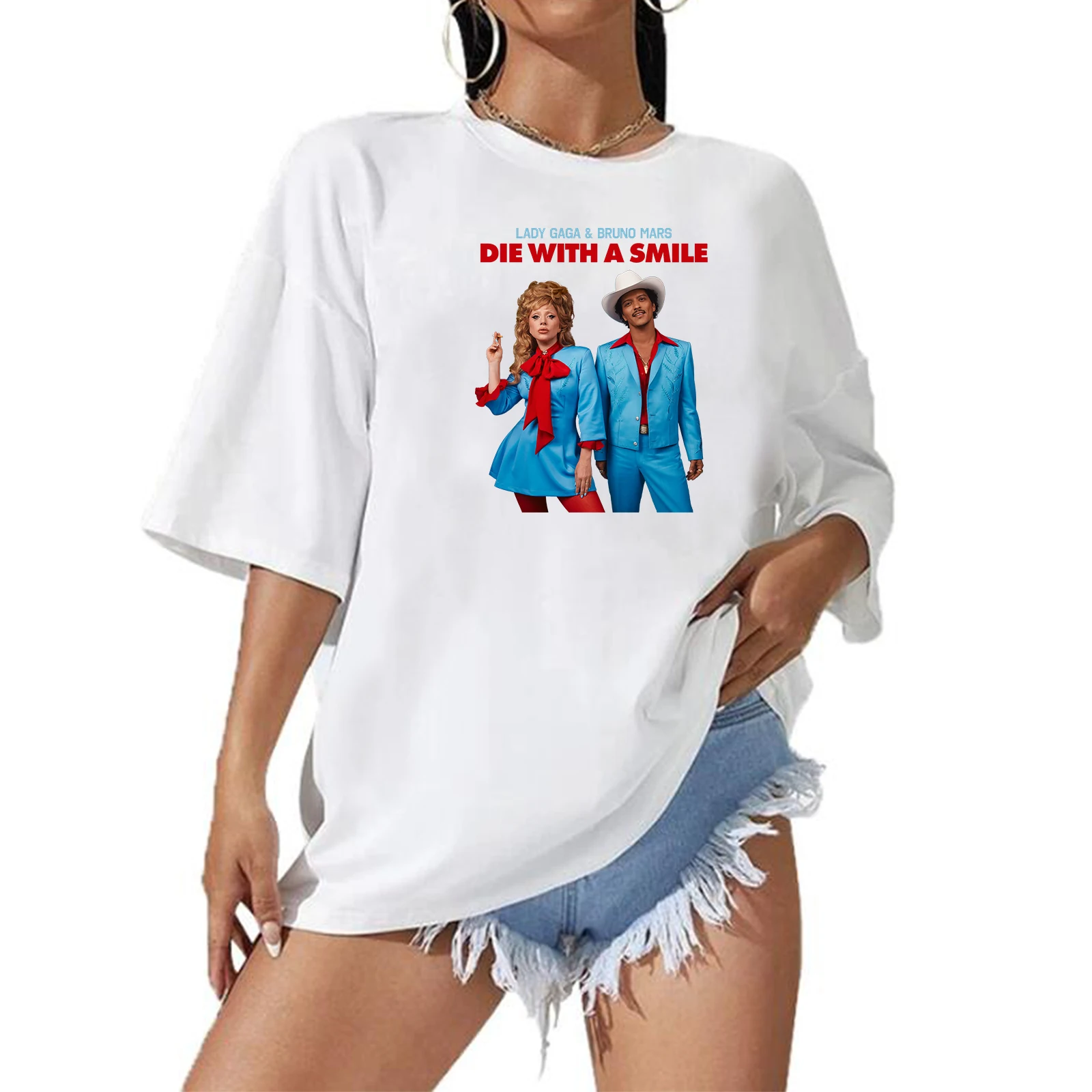 Lady Gaga Bruno Mars Die With A Smile Extra Large T-shirt O-Neck Short Sleeve Fashion Oversize Shirts