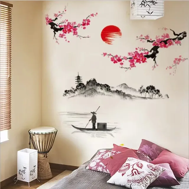 Chiński styl Sakura Japoński różowy kwiat wiśni Dekoracja drzewa Naklejki ścienne Naklejka ścienna Plakat Tapeta Dekoracja.