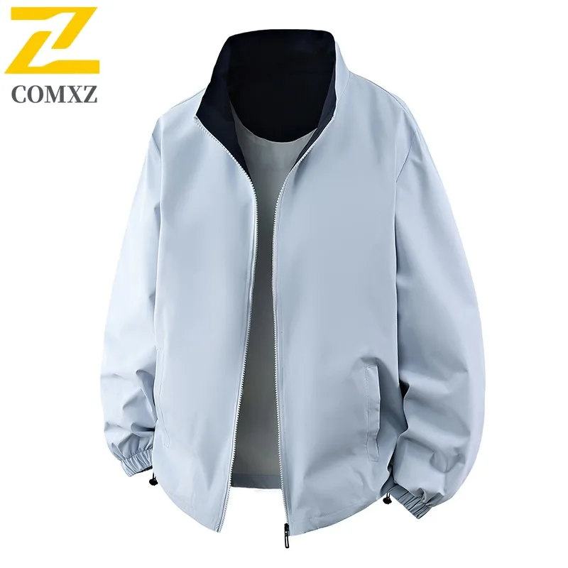 سترة رجالية كاجوال بياقة واقفة من COMXZ سترات ركوب الدراجات النارية مقاومة للرياح لون نقي معطف خريفي مريح حضري #5