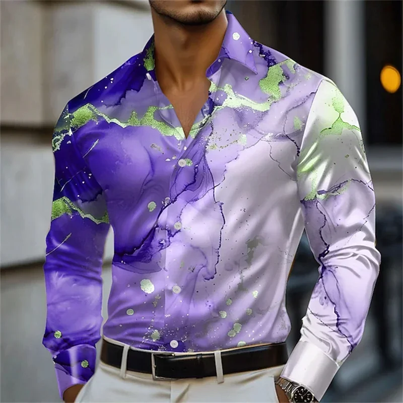 Men's autumn and spring blue and gold marble printed long sleeved shirt top, fashionable, casual, comfortable, slim fit suitable