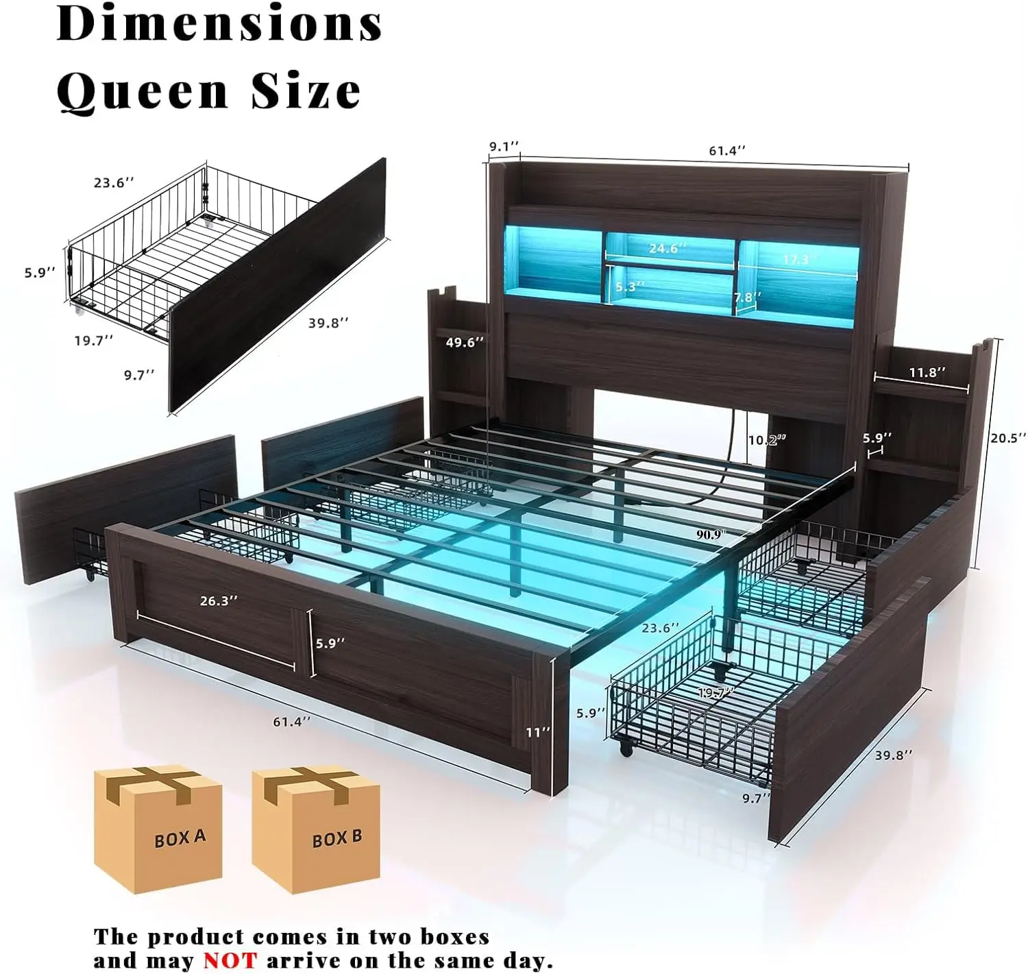 Queen Bed Frame with Bookcase Headboard, Black Rustic Wood Platform Bed, Charging Station, 4 Storage Drawers, Farmhouse Style