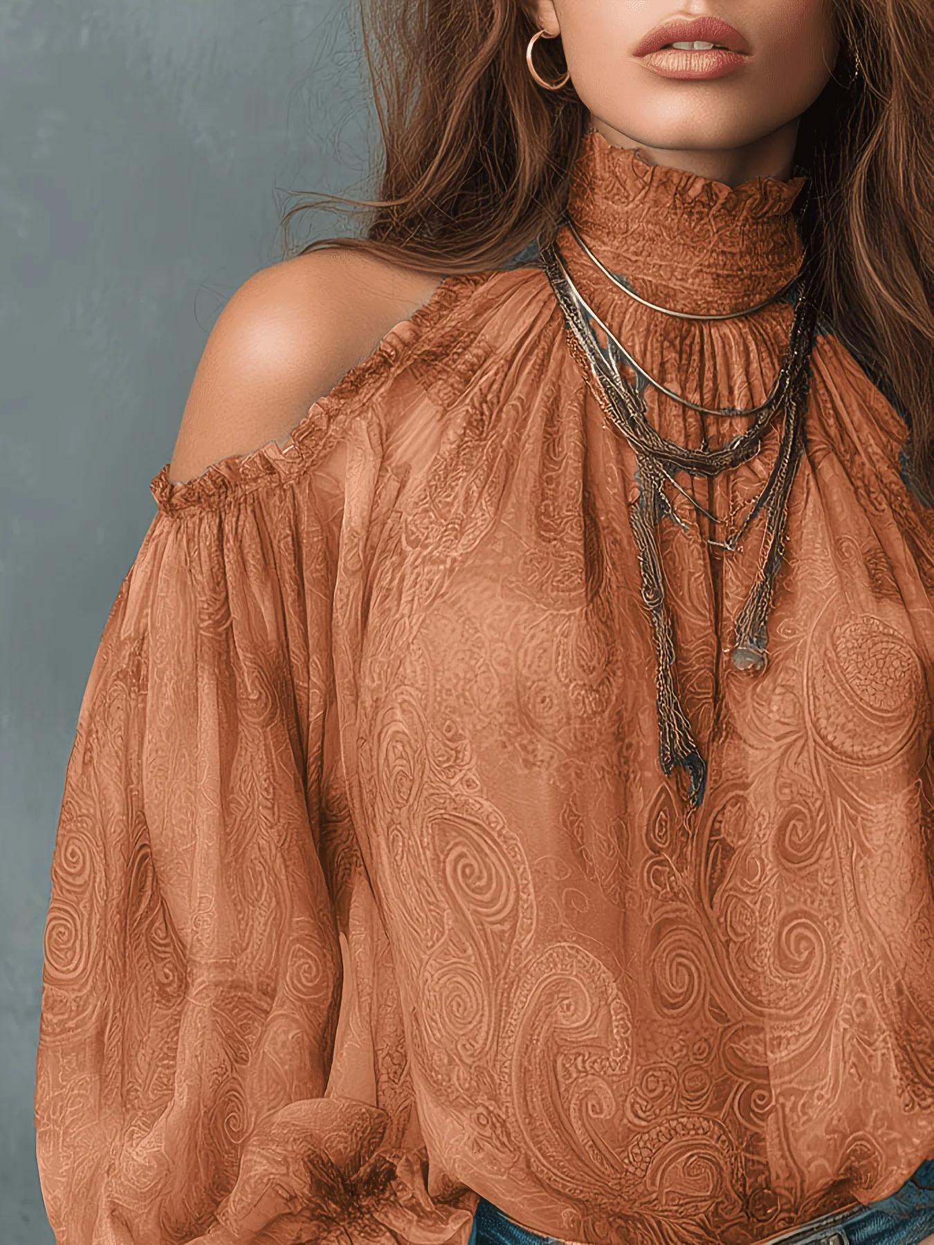 Boho Paisley-Print Chiffon-Top Damen Sexy Off-Shoulder Bluse mit Trompetenärmeln Retro 70er Fairycore Hemden – Detail 29