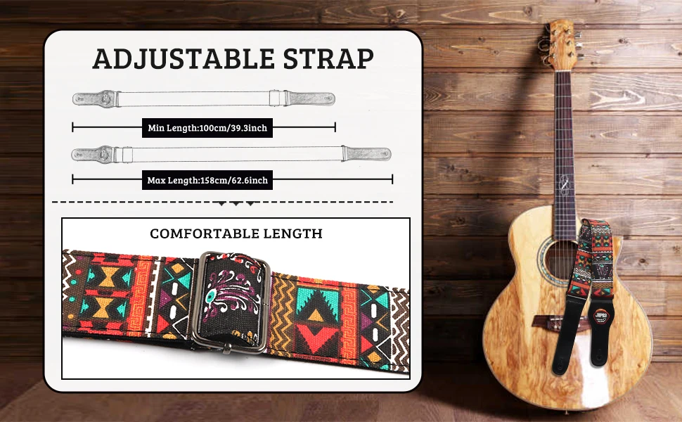 Baumwoll-Gitarrengurt mit Lederende, verstellbarer weicher Gurt für Bass, elektrische und akustische Gitarren, kostenlose Gitarrenplektren*3 – Detail 12