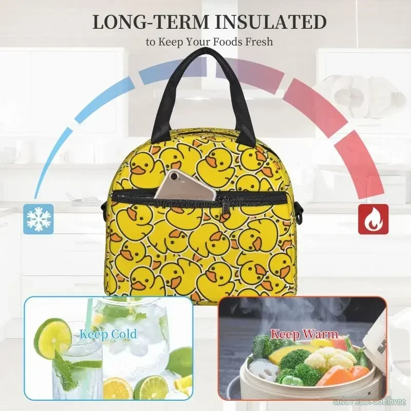 Cute Yellow Duck Lunch Bag with Adjustable Shoulder Strap Insulated Lunch Box Cooler Thermal Reusable Tote Bag for School Picnic