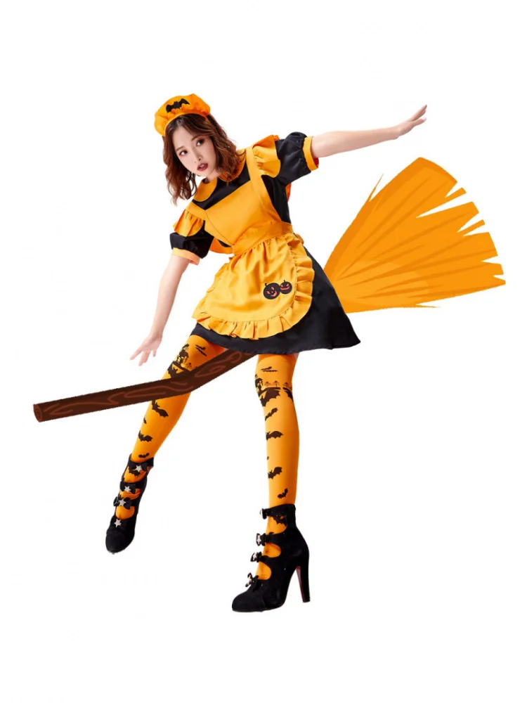 

Костюм ведьмы-горничной на Хэллоуин с тыквенным фонарем, комплект для выступлений, с высокой талией, длинными рукавами, из полиэфирного волокна, средней эластичности