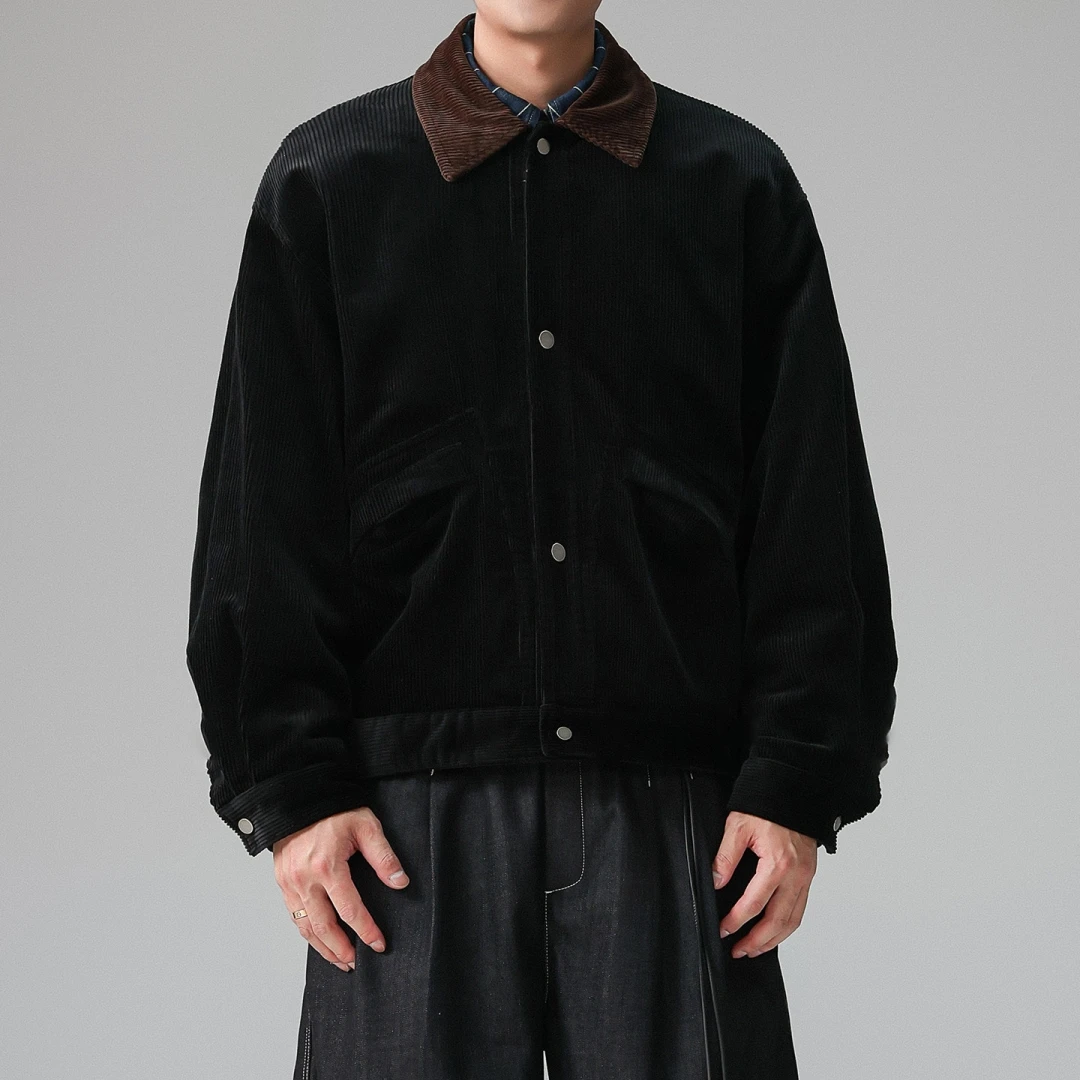 Mens Corduroy Black Work Jacket American Vintage Trendy High Quality Color Block Collar Spring Autumn Casual Short Coat Fashion