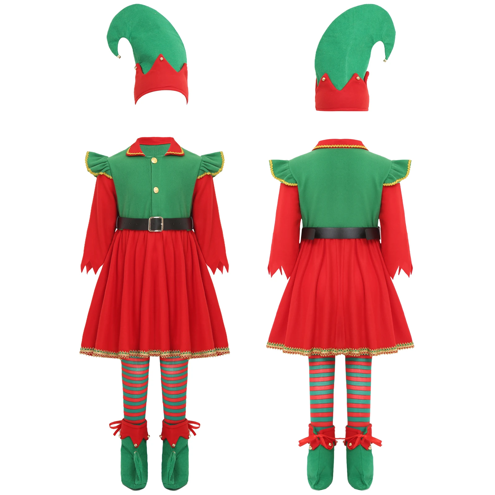 

Girls Christmas Elf Costume Set Helper Dress Santa Role Play Outfits Socks Hat Elf Shoes Set for Xmas Themed Parties Performance