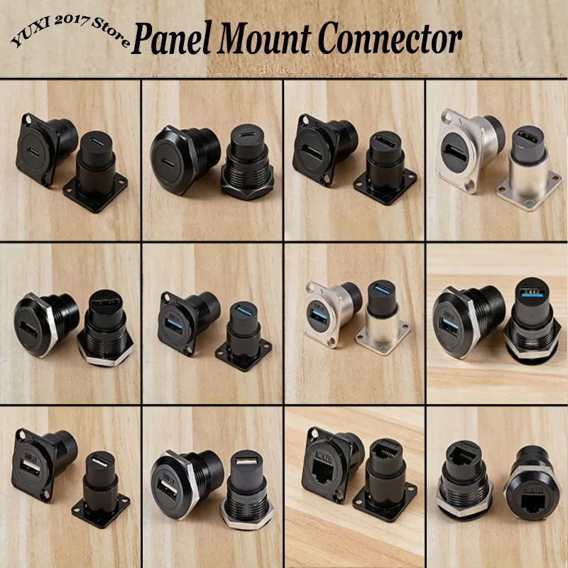 1PC Panel Mount Connector D-Type Circular Metal Module USB2.0/3.0 Type-C HD Video Port CAT6 RJ45 Jack Socket Electronic Adapter