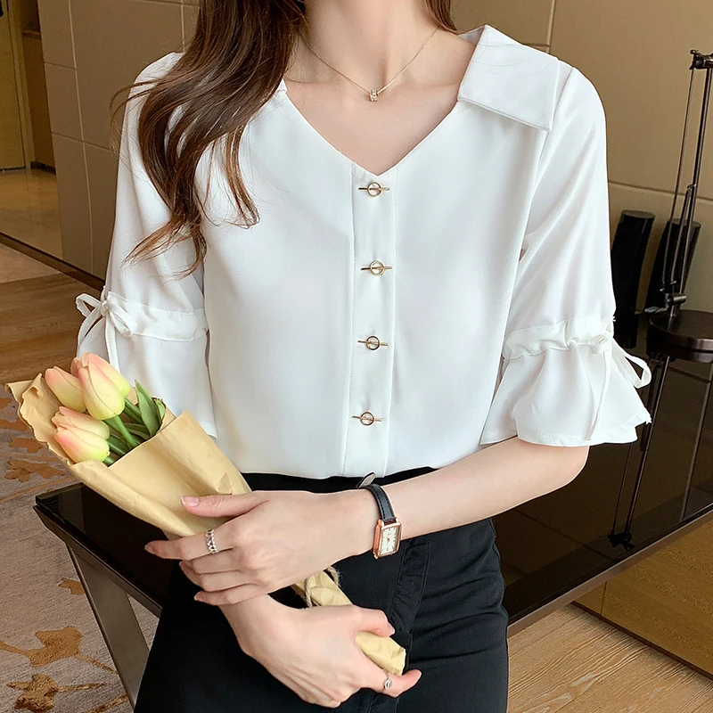 Summer Fashion V-neck Flare Sleeve Chiffon Shirts Vintage Solid Chic Button Commute Blouse Women Clothing Temperament Tops