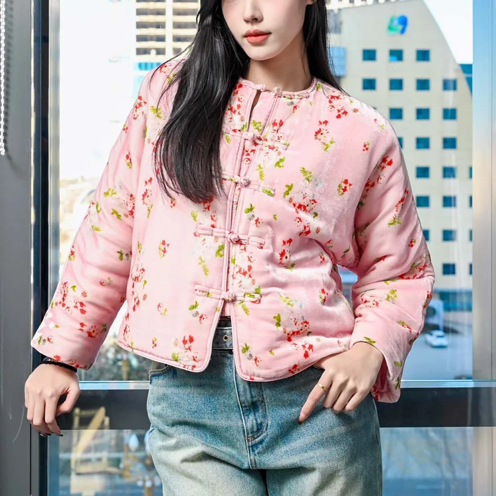 2023 Winter Women\'s Cotton Y2k Floral Printed Silk Velvet Chinese Plate Button Round Neck Long Sleeve Thickened Warm Cotton Top