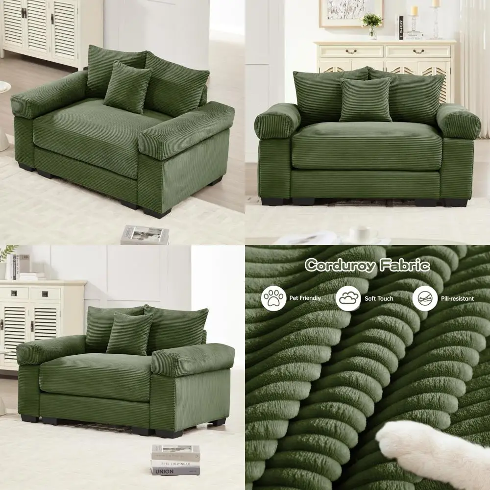 

Modern Corduroy Loveseat Sofa with Wide Armrests and Upholstered Chaise Lounge, Including 3 Throw Pillows for Comfortable Seatin