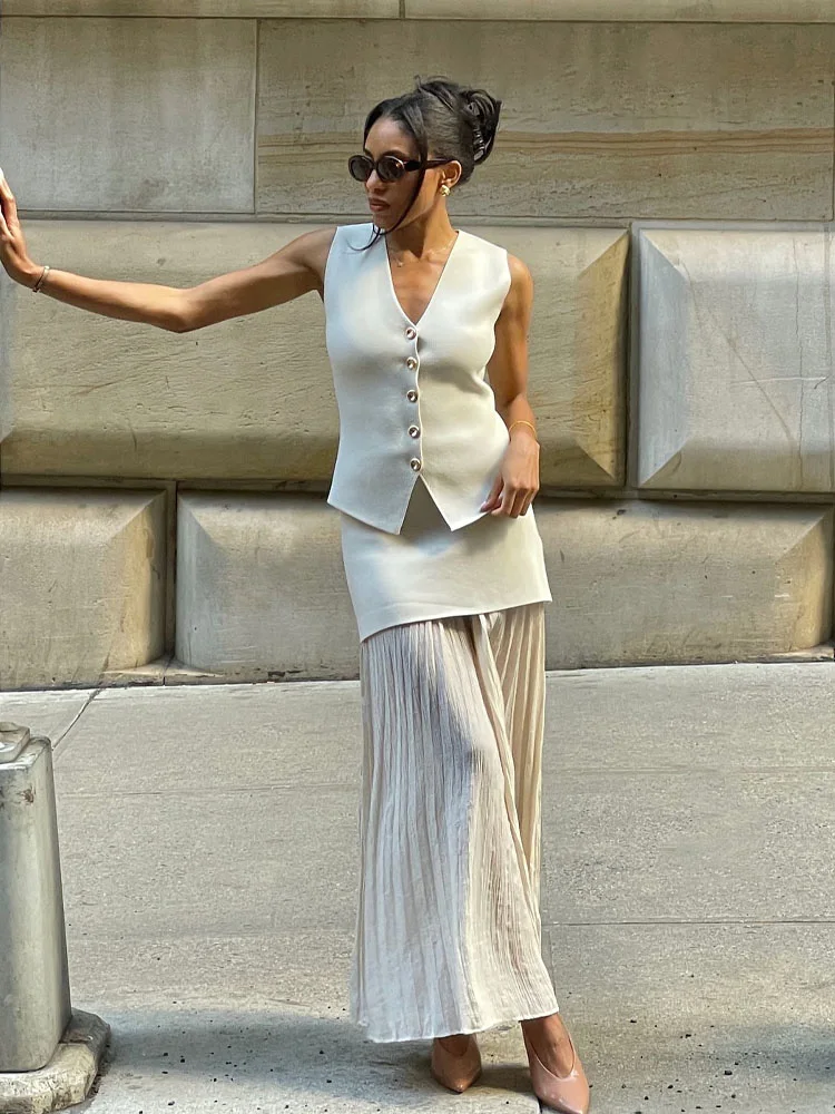 

HH Женский модный комплект из 2 предметов, однобортный вязаный жилет без рукавов с v-образным вырезом + шикарная длинная юбка на молнии с высокой талией