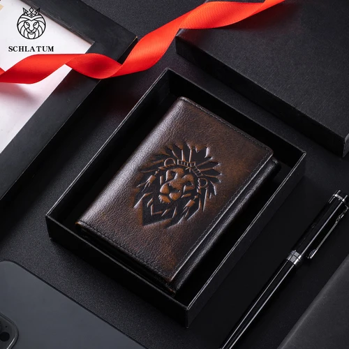 Cartera Vintage con tres pliegues y bolsillo frontal para hombre, cartera delgada de cuero genuino con bloqueo RFID y ventana de identificación, 8 tarjeteros