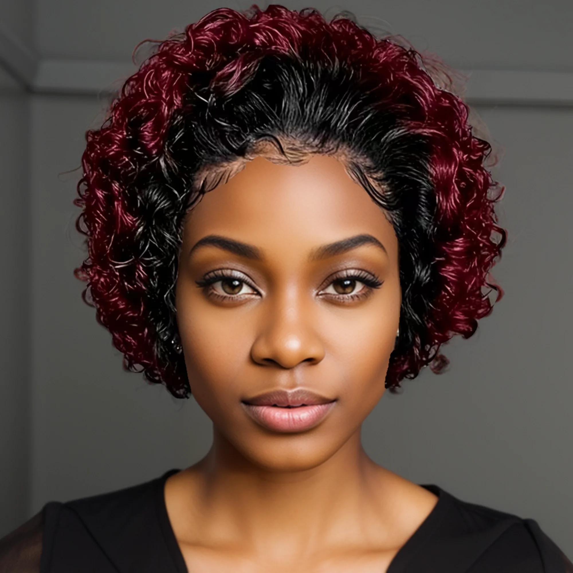 

1B99J Ombre Бордовый Глубокая Волна Короткие Вьющиеся Пикси Стрижка Реми Человеческие Волосы 13x4 Прозрачный Парик Фронта Шнурка