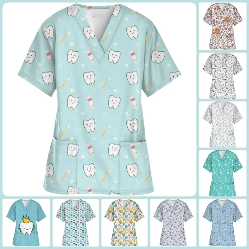 Women's dental healthcare short-sleeve shirtTShirt3DTooth printVCartoon dentist clinical workwear with tie pocket