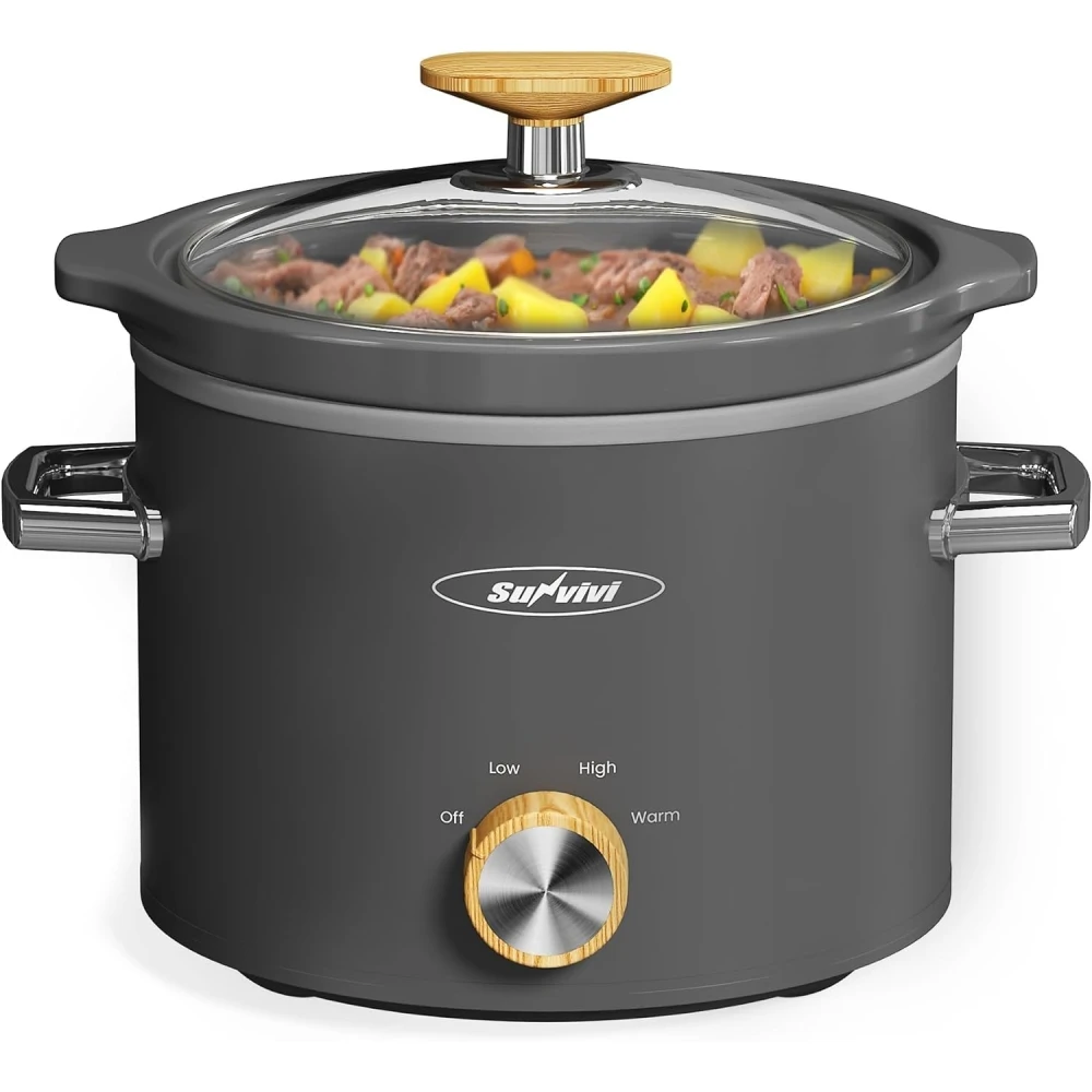 Small Slow Cooker with Removable Ceramic Pot, Food Warmer with 3 Heating Settings & Dishwasher Safe Glass Lid, Grey