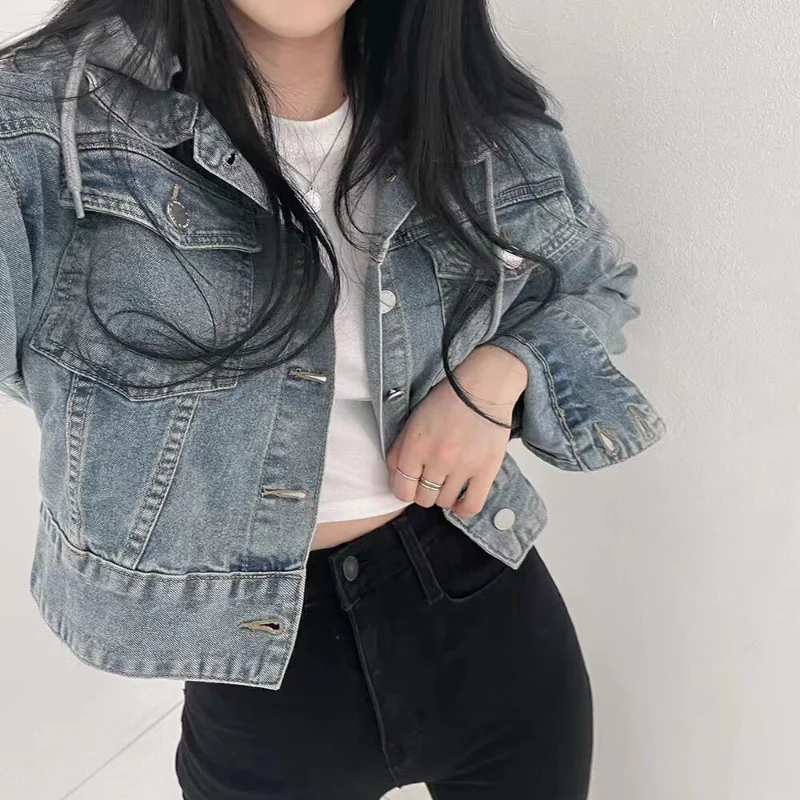 

Корейская шикарная джинсовая короткая женская однобортная съемная шляпа-кардиган в стиле ретро