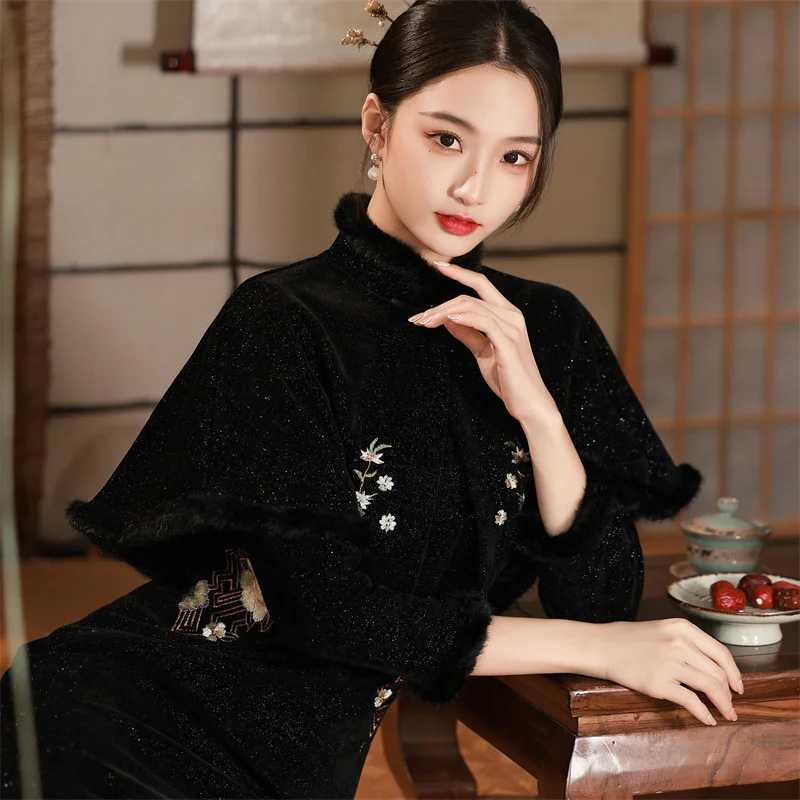 Chinese Traditional Evening Dress Women Qipao Eleganti Slim Long Shawl+Cheongsam Embroidery Winter Chinese New Year Clothes 2023