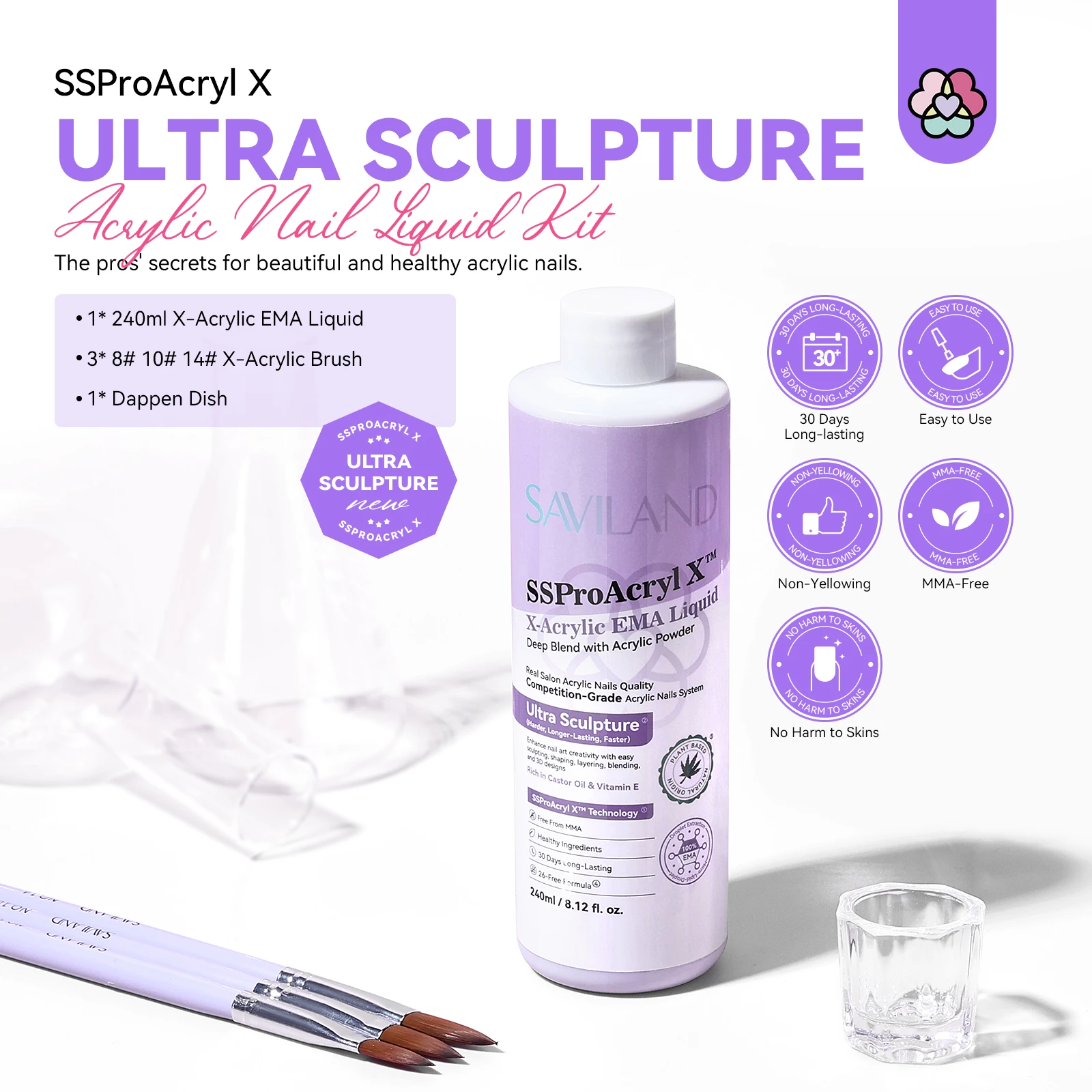 SAVILAND liquide pour ongles acrylique monomère professionnel EMA 8 oz avec 3 brosses à ongles en acrylique et plat Dappen pour Extension d'ongles