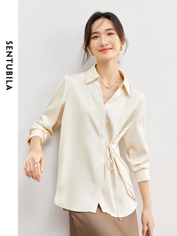 SENTUBILA Spring Fashion Lace-up Waisted Polo Collar Women Blouse 2024 Straight Long Sleeve Shirt for Office Ladies 141C53271