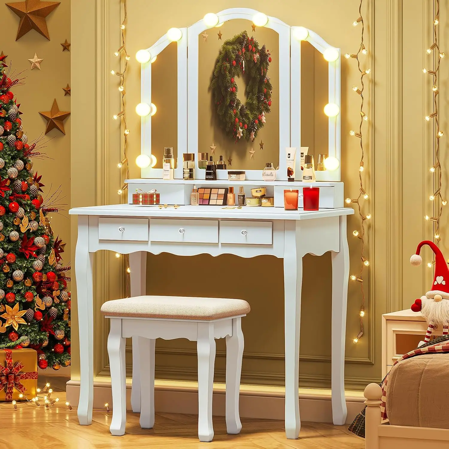 Tiptiper Vanity Table Set with Lighted Tri-Folding Mirror, Makeup Vanity with Lights & 3 Color Lighting Modes, Vanity Desk with Mirror and Cushioned Stool, Makeup Table with 5 Drawers, White
