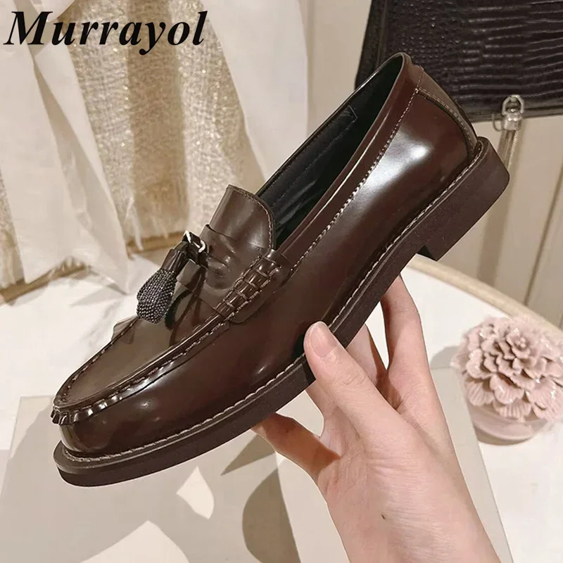Tassels Decor Flat Bottom Single Shoes Women's Round Toe Genuine Leather Loafers Spring Autumn Versatile Retro Office Shoes