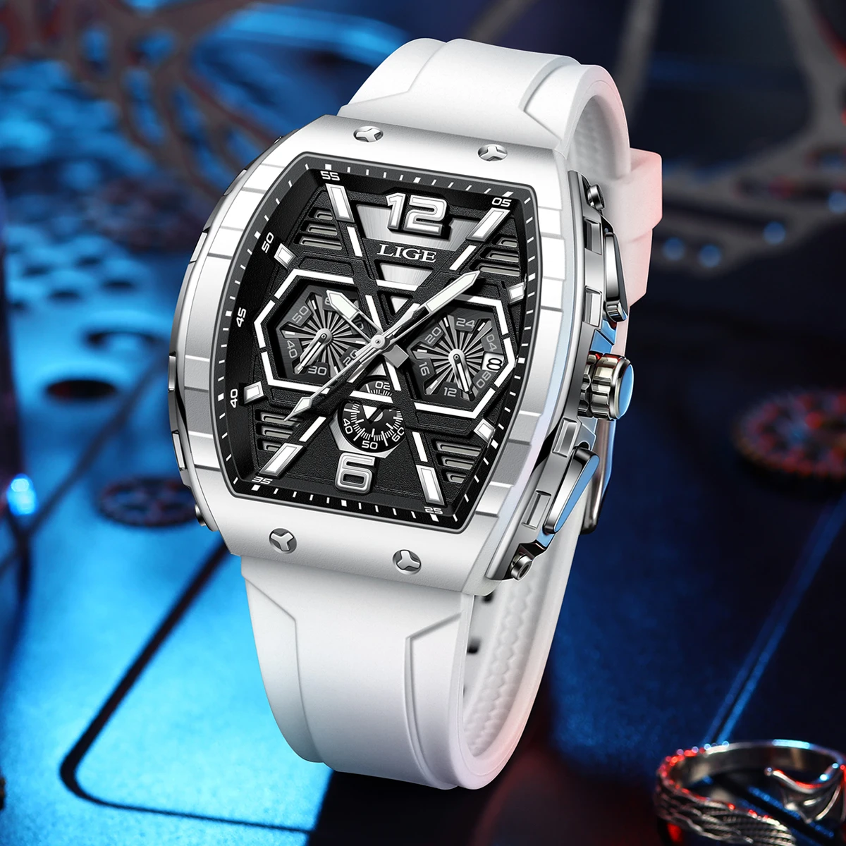 LIGE Quartz Watch for Men Luxury Brand Tonneau Design Waterproof Clock Stainless Steel Wristwatch Fashion Rectangle Mens Watches