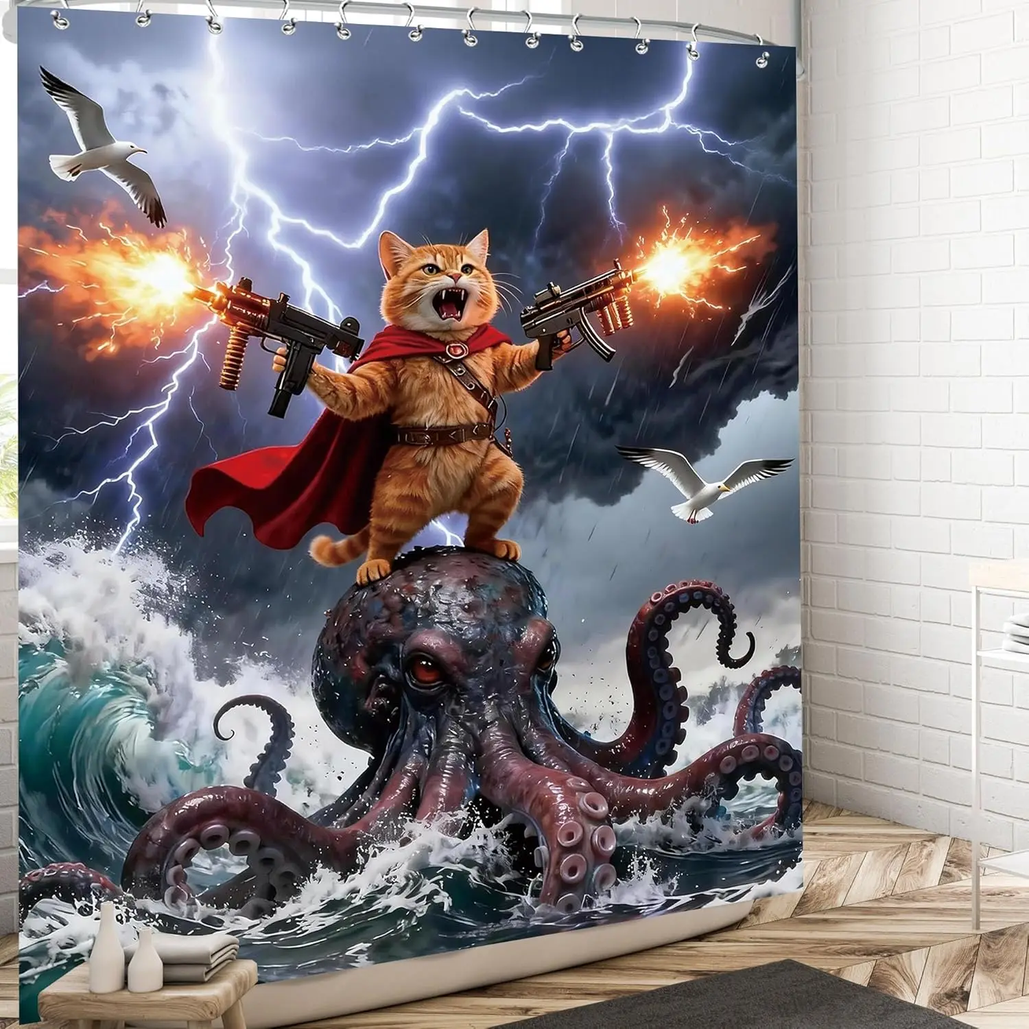 Unique Cat on Octopus Shower Curtain Comic Art Bathroom Decor Pop Culture Storm Lightning Fun Pet Gift Water Monster Accessories