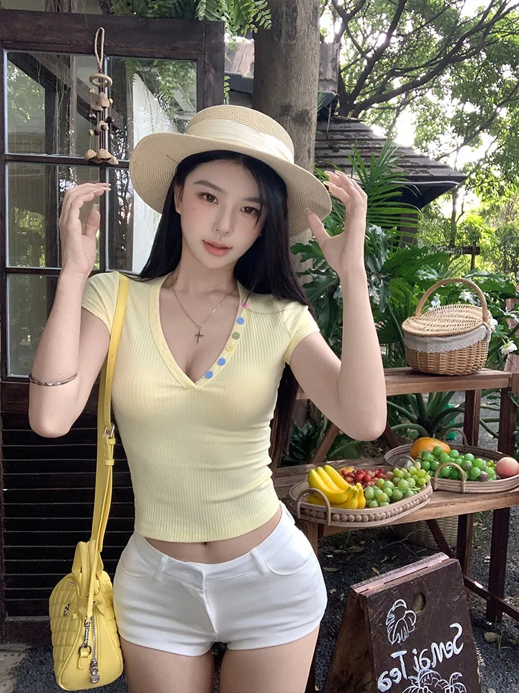 MosesQueen ボタン半袖 V ネック Tシャツ女性の夏スリムフィットトップ韓国スタイルピュアカラー通気性コットン 1