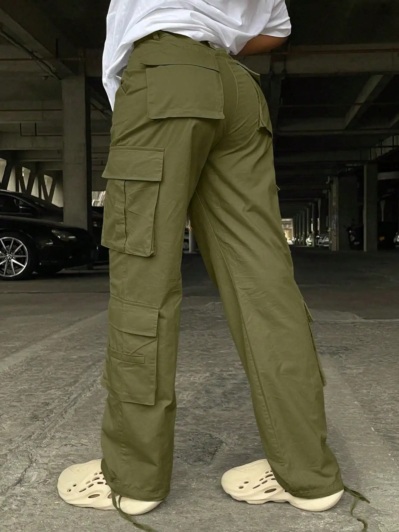 Christmas Gift Women's High-Waisted Solid Color Side Cargo Pants - Baggy Y2K Straight/Wide Leg, Pockets for Casual Streetwear