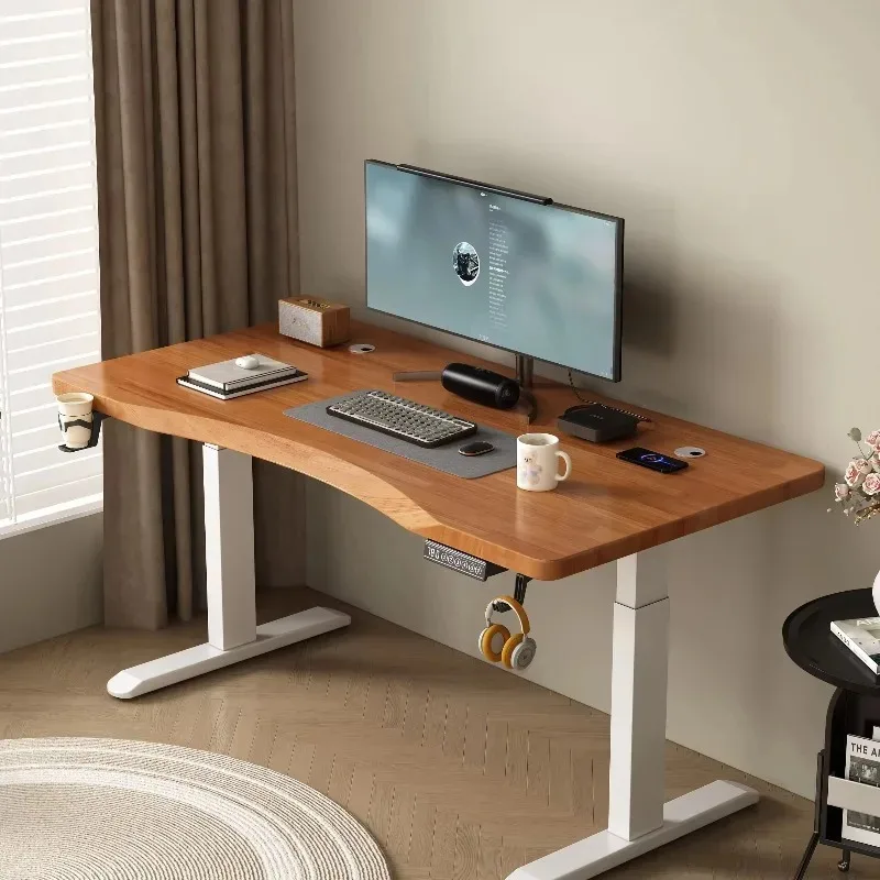 Modern Minimalist Ergonomic Electric Lift Standing Desk Solid Wood Top Double Hidden Dual Motors Steel Frame Automatic Office