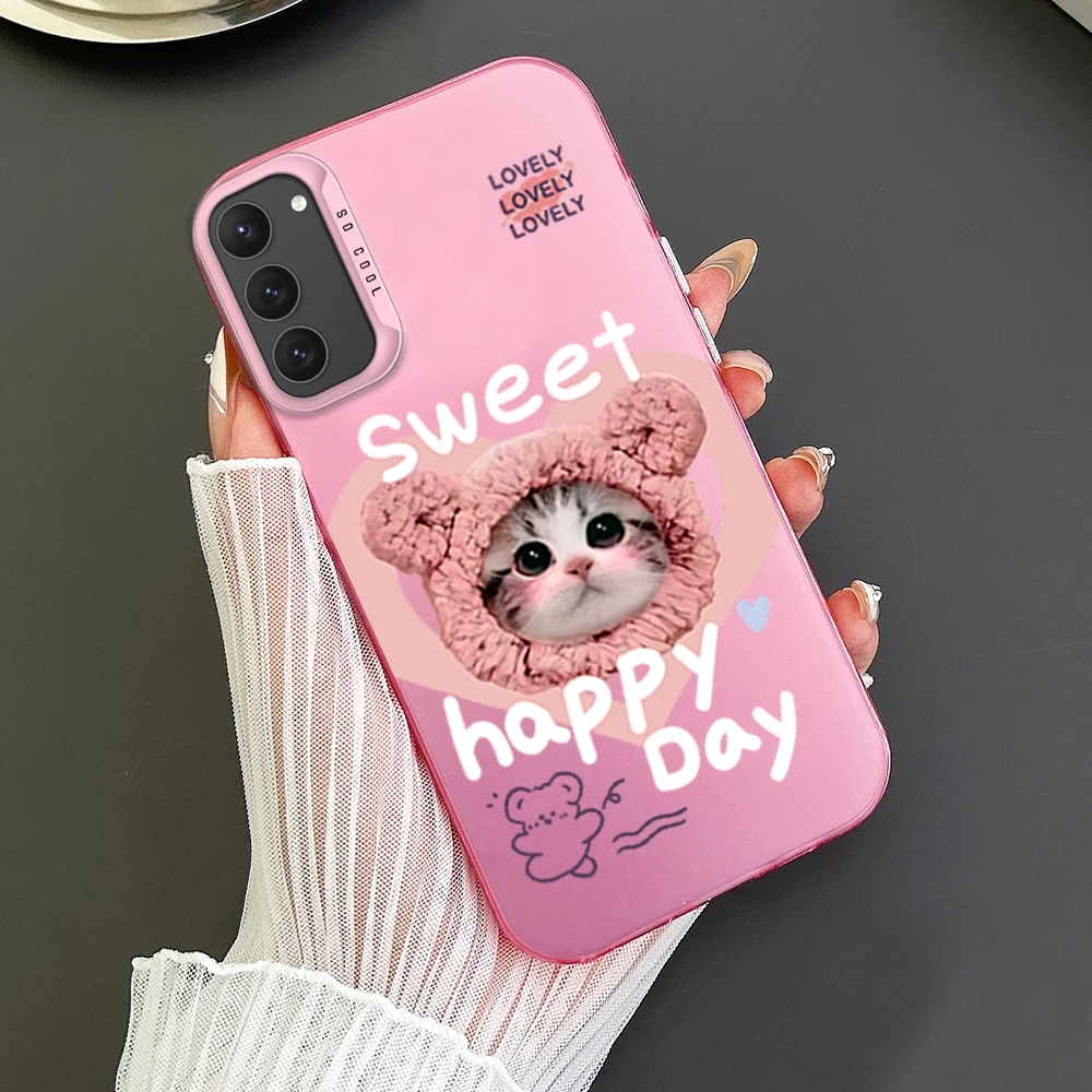 

Cute Cat pink Phone Case For Samsung S23 S24 S22 A71 A55 ULTRA PLUS FE Electroplated Silver IMD Laser Color Shell