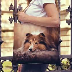 Casual Shetland Sheepdog Dog Shopping Shoulder Bag for Women Pet Animal Foldable Reusable Linen Fashion Student Tote Handbag