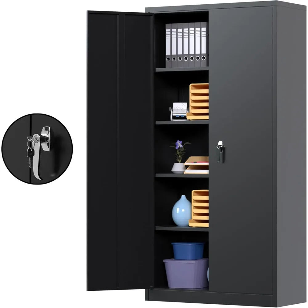 

Black Metal Storage Cabinet with Door, Locking Steel Cabinet with 4 Adjuestable Shelves, Tall Lockable Garage Tool Storage Cabin