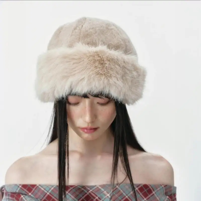 

Plush Mongolian Hat Imitation Fox Fur Windproof Dome Fisherman Cap Women Fluffy Plush Bucket Caps Plus Velvet Panama Hats