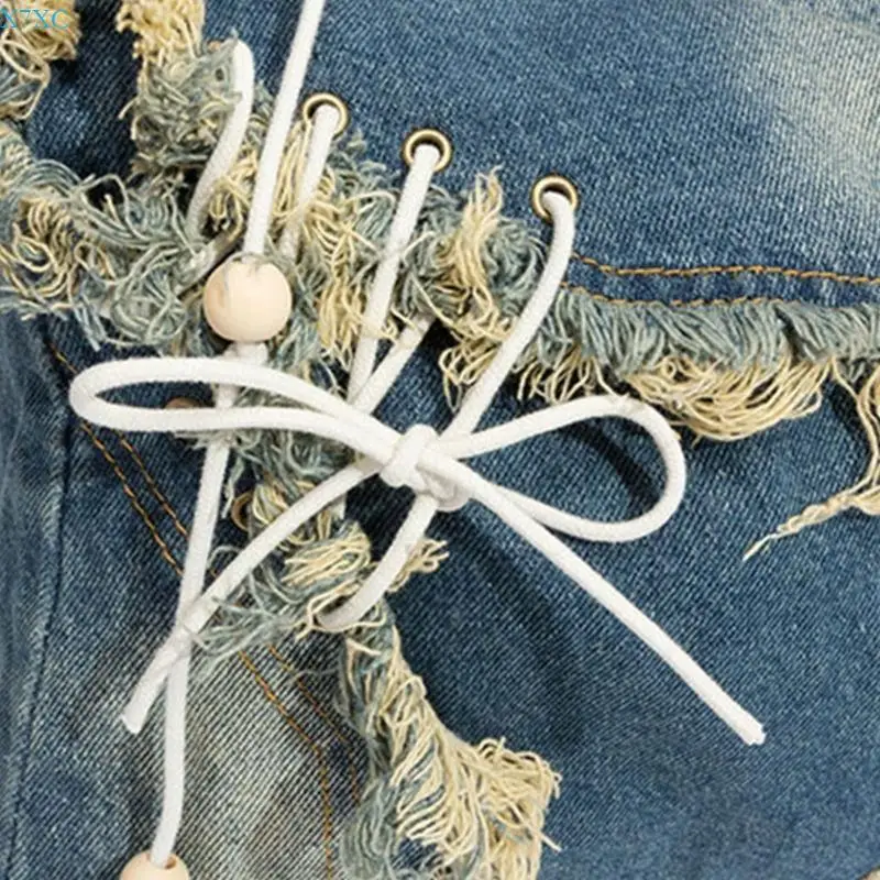 

X7XC Fashionable Jeans Shoulder Bag with Spacious Interior Women Large Capacity Washed Denims Handbag Bandages Crossbody Bag