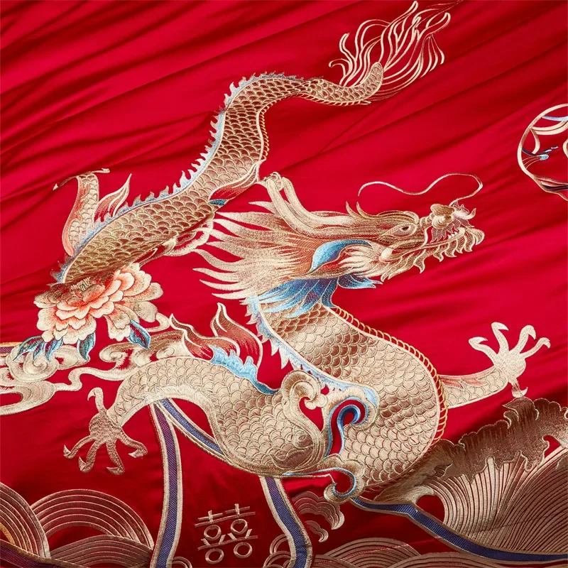 4/6/9Pcs Red Luxury Chinese Wedding Style Dragon Phoenix Embroidery Bedding Set 100% Cotton Duvet Cover Bed Sheet Pillowcases