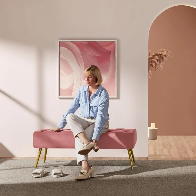 

Modern Ottoman Bench Velvet Bench Upholstered Footrest for Living Room with Gold Metal Legs and Padded Seat Pink