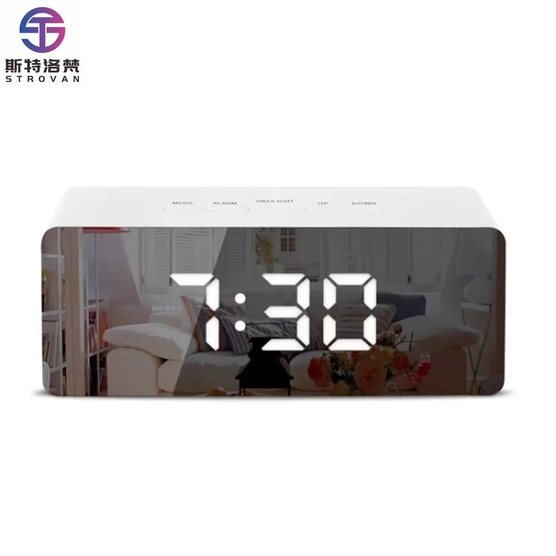 

LED Mirror Alarm Clock Digital Snooze Table Clock Electronic Time Temperature Large Display White Light