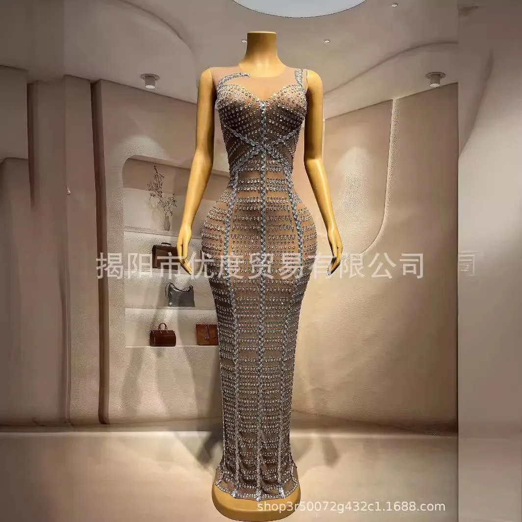 Elegante temperamento renda brilhante strass lantejoulas vestido recepção tapete vermelho noite palco desempenho vestido longo pérola robe festa