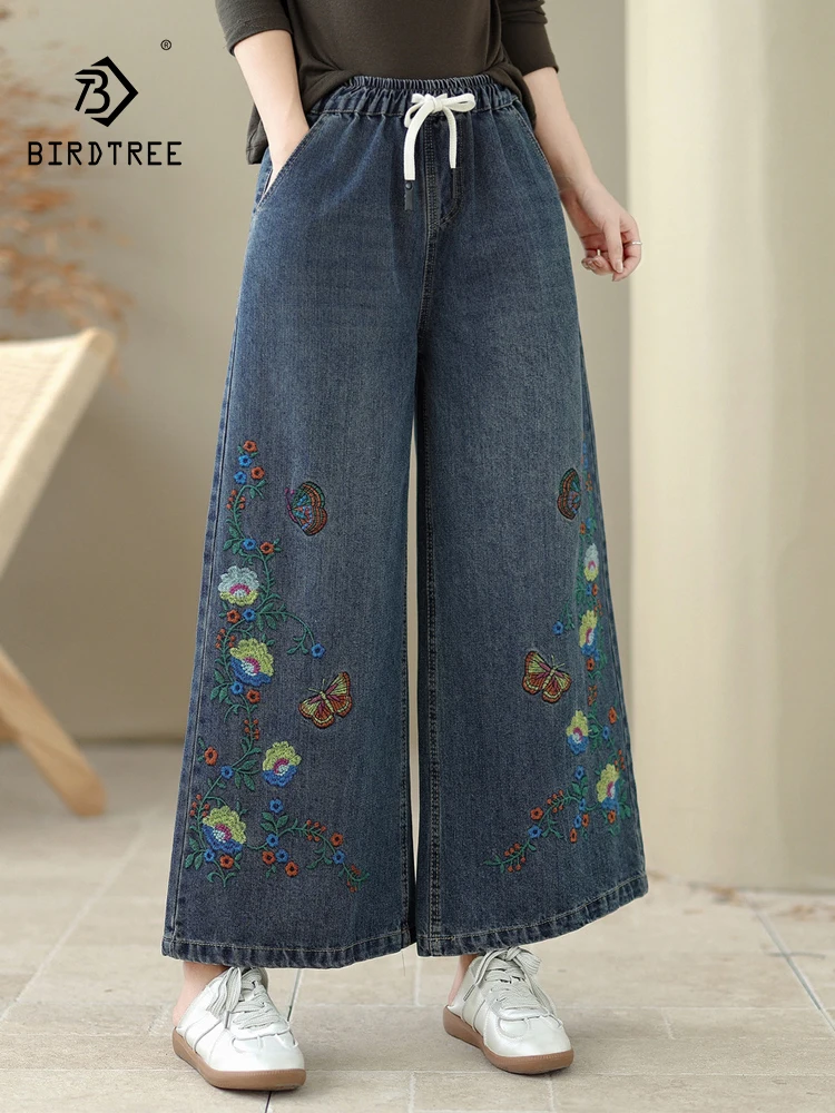

Новые осенние джинсовые хлопковые джинсы 2025, женские эластичные талии с вышивкой бабочкой, модные свободные широкие брюки Mori Girl B59656CC
