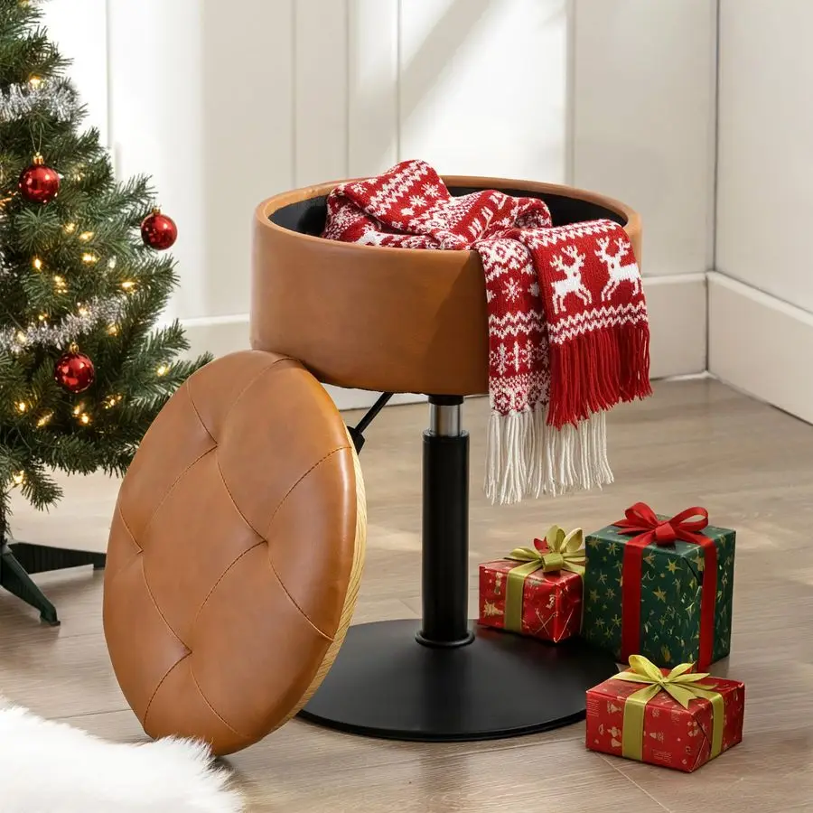 

360Swivel Vanity Stool Chair for Makeup Room, Height Adjustable Stool for Vanity with Storage, Small Whiskey Brown Faux Leather