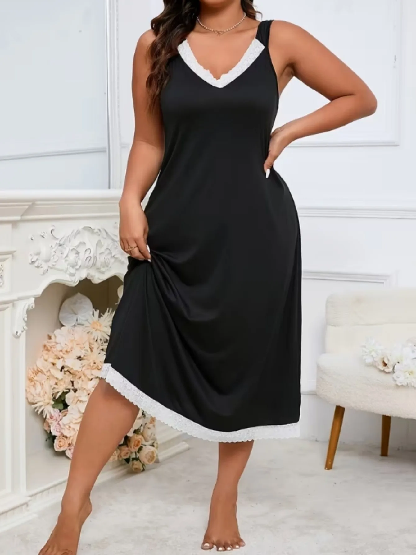 Women's Plus Size Black V Neck Cami Dress, Sleeveless Midi Length A-Line Tank Dress with White Contrast Trim and Flounce Hem